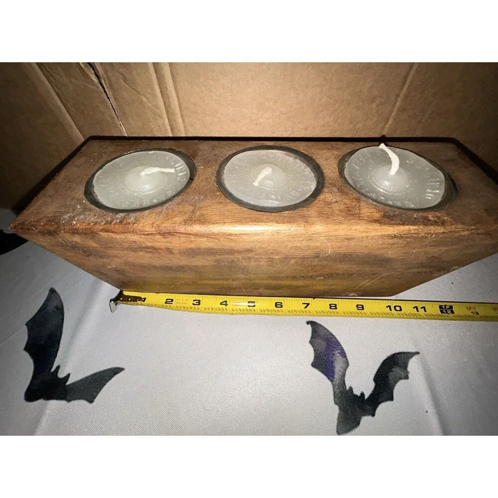 Three (3) Hole Wooden Sugar Mold Wood Candle Holder Primitive Look w/3 Candles